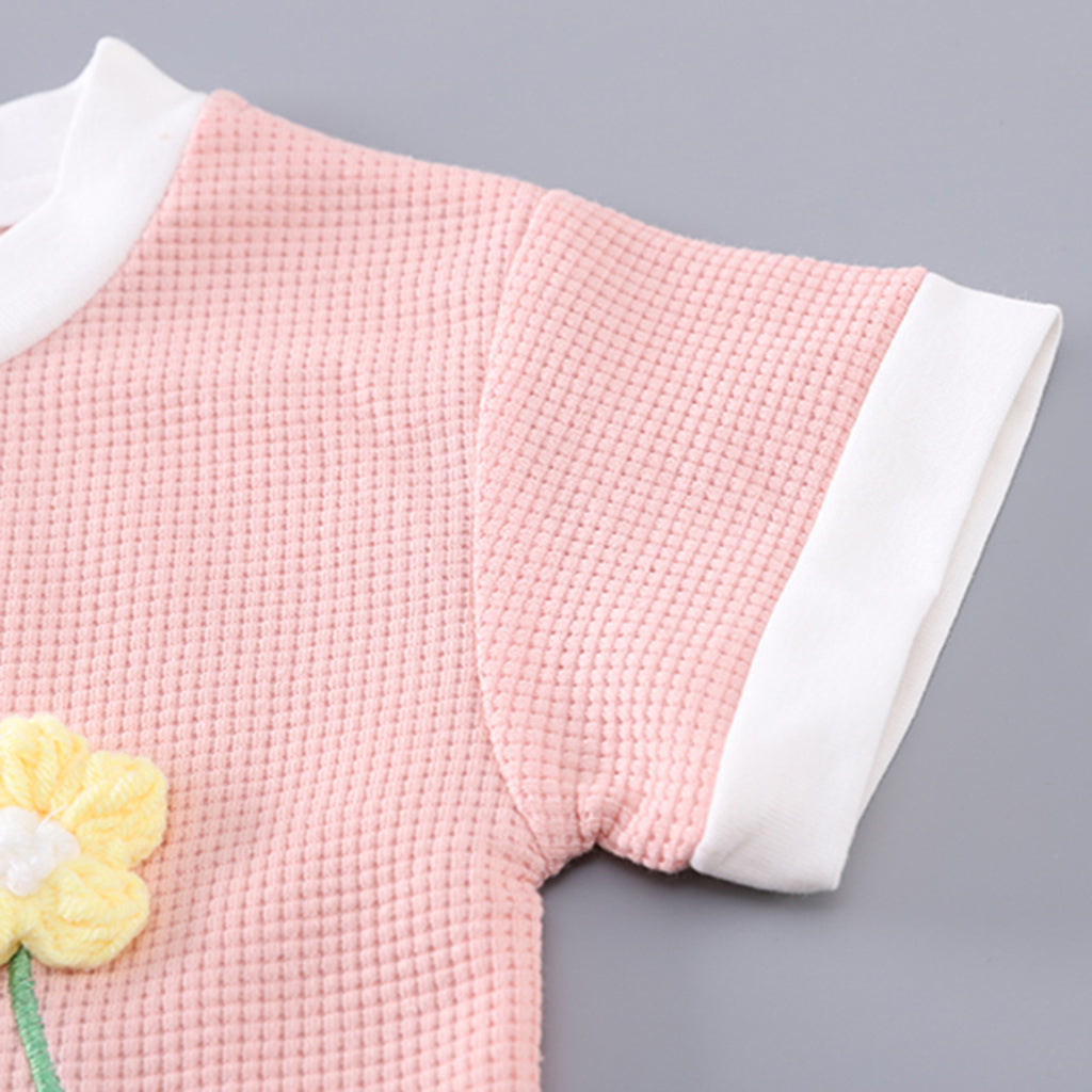 Girls Pink Flower Applique Short Sleeves Top With Shorts Set 2 pc. Sets