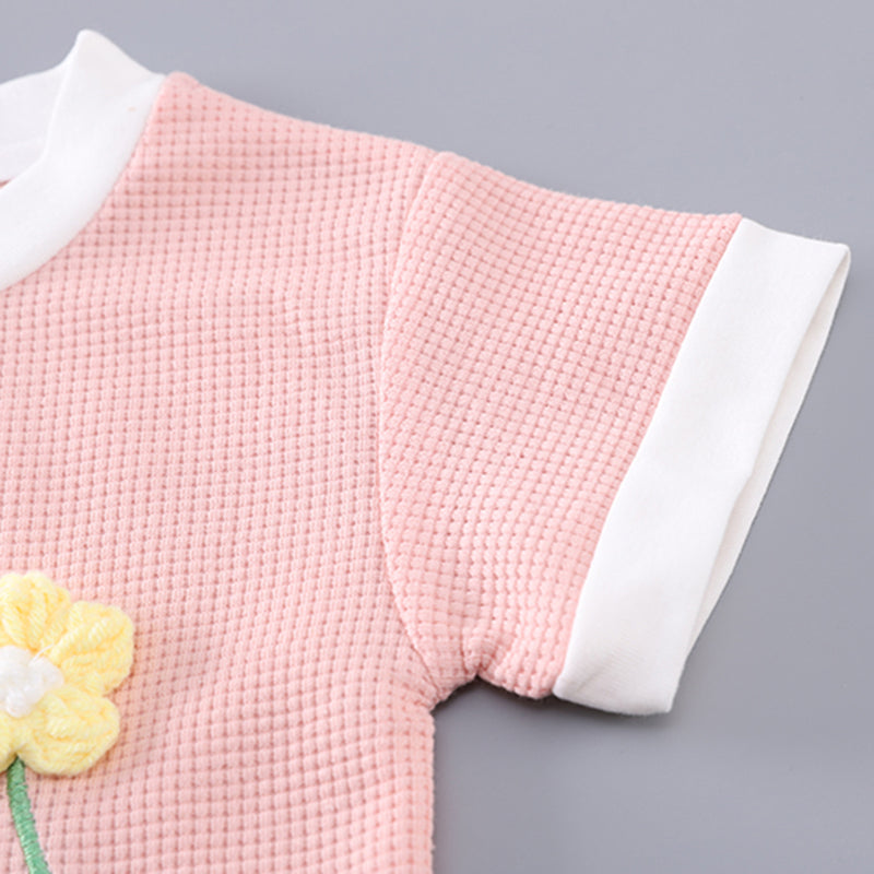 Girls Pink Flower Applique Short Sleeves Top With Shorts Set 2 pc. Sets