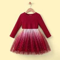 Girls Red Star Print Long Sleeve Fit & Flare Dress Casual Dresses Red 3-4 Y