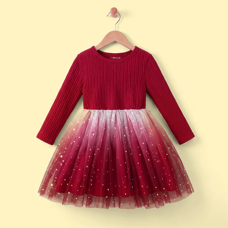 Girls Red Star Print Long Sleeve Fit & Flare Dress Casual Dresses Red 3-4 Y