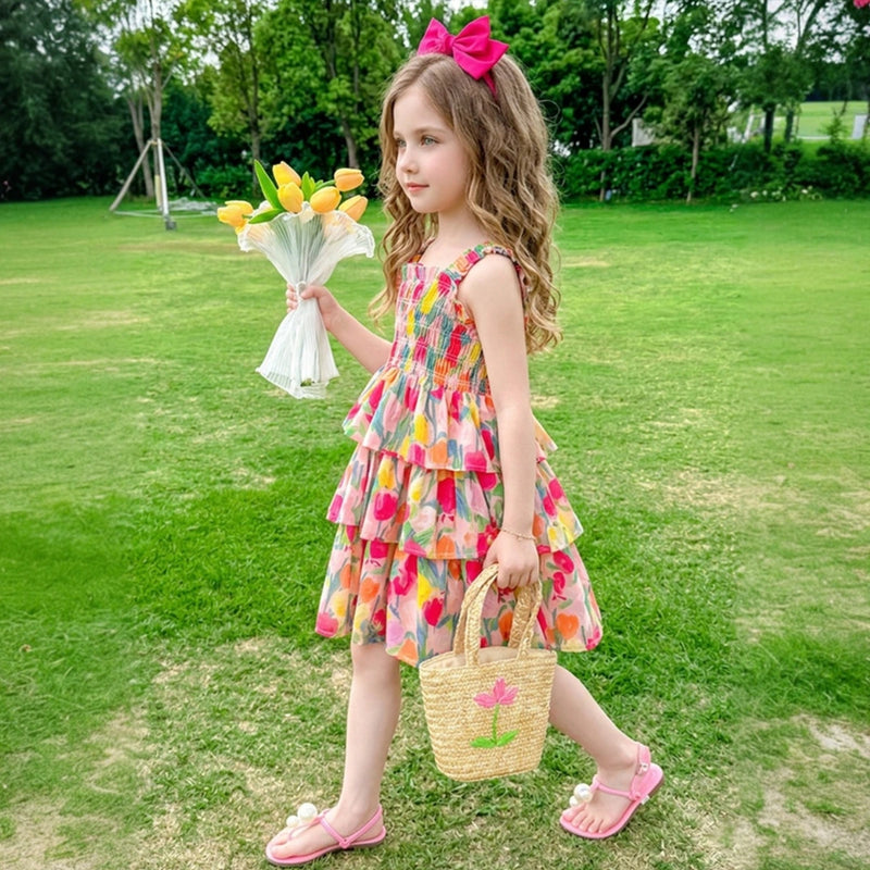 Girls Multicolor Floral Printed Sleeveless Smocked Layered Dress Casual Dresses