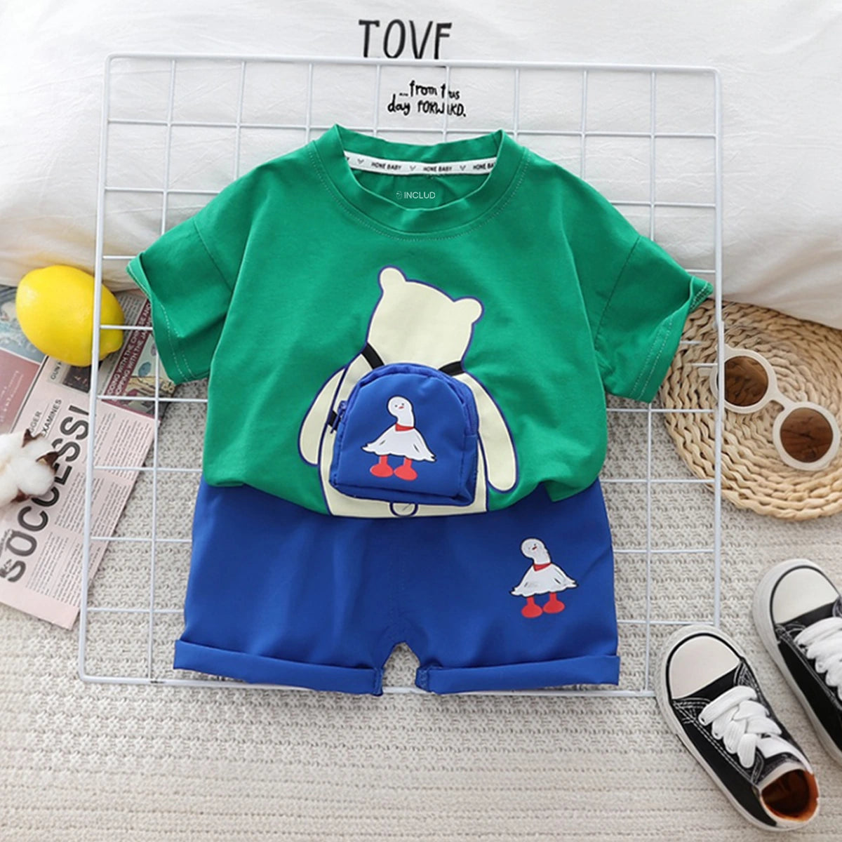 Boys Green Bear Printed Short Sleeve T-Shirt With Shorts Sets 2 pc. Sets Green 1-2 Y