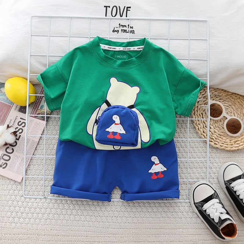 Boys Green Bear Printed Short Sleeve T-Shirt With Shorts Sets 2 pc. Sets Green 1-2 Y