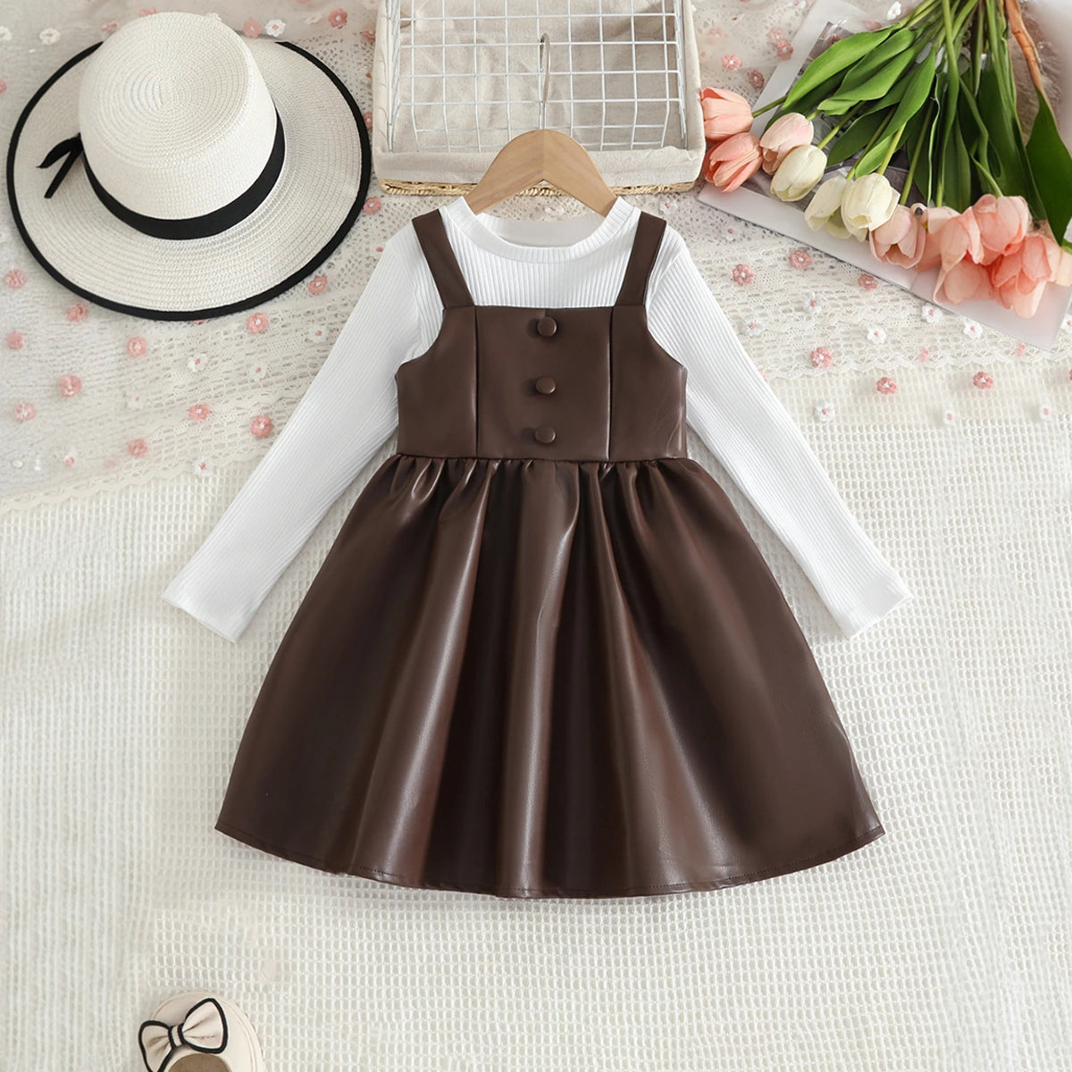 Girls Brown Faux Leather Pinafore Dress With Long Sleeves T-Shirt Casual Dresses Brown 2-3 Y