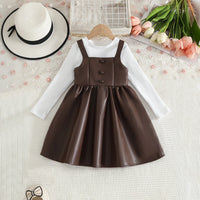 Girls Brown Faux Leather Pinafore Dress With Long Sleeves T-Shirt Casual Dresses Brown 2-3 Y