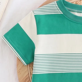 Girls Green Striped Short Sleeve T-Shirt With Shorts Sets 2 pc. Sets