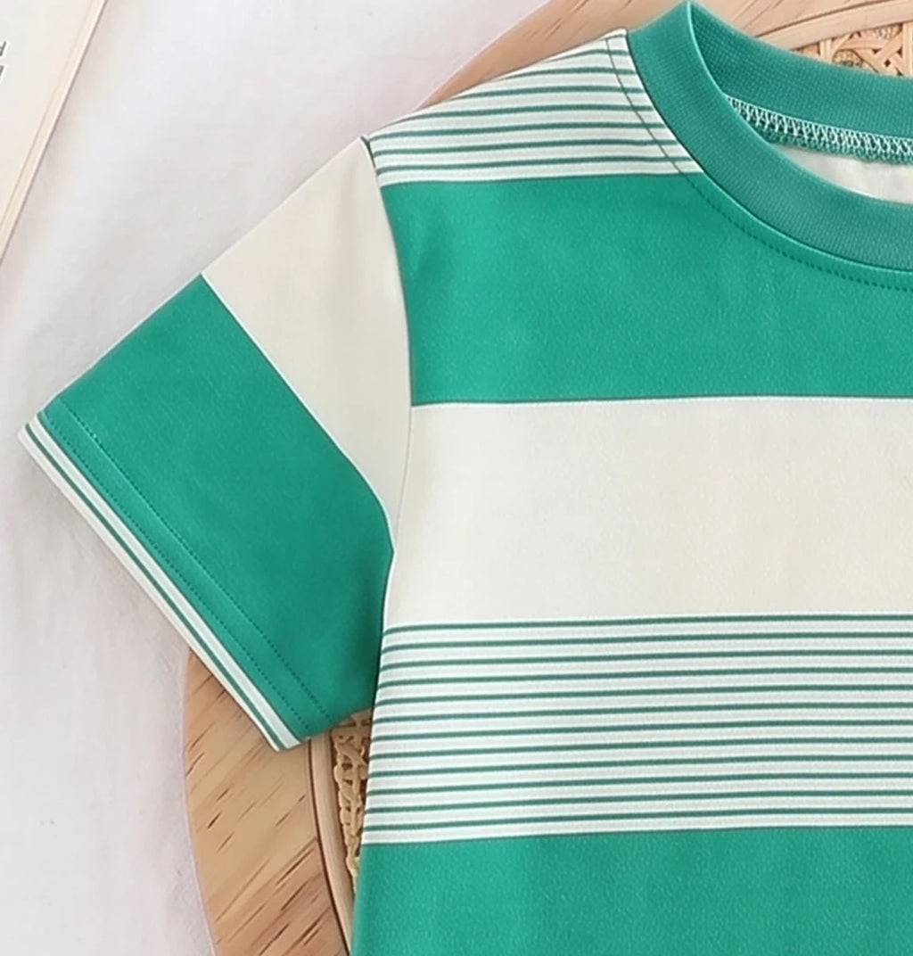 Girls Green Striped Short Sleeve T-Shirt With Shorts Sets 2 pc. Sets