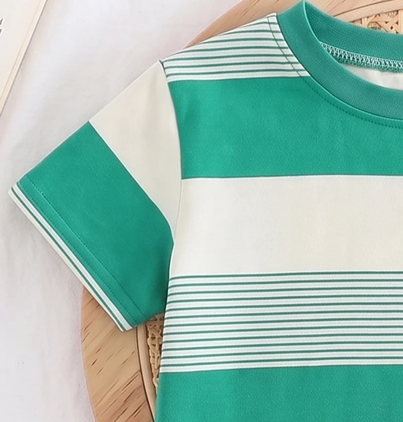 Girls Green Striped Short Sleeve T-Shirt With Shorts Sets 2 pc. Sets