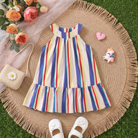 Girls Blue Sleeveless Striped Flared Dress Casual Dresses Blue 1-2 Y