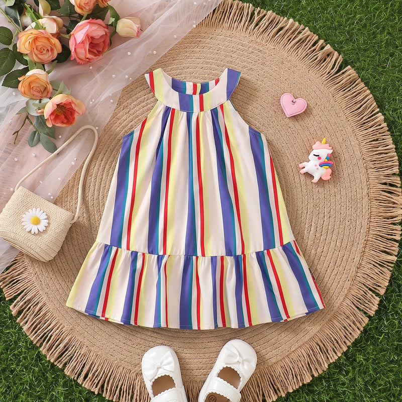 Girls Blue Sleeveless Striped Flared Dress Casual Dresses Blue 1-2 Y
