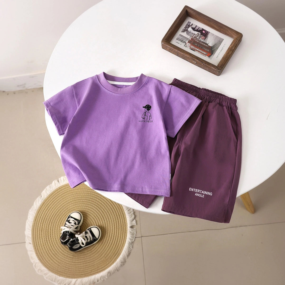 Boys Purple Lucky Boy Typography Short Sleeve T-Shirt With Shorts Sets 2 pc. Sets Purple 1-2 Y
