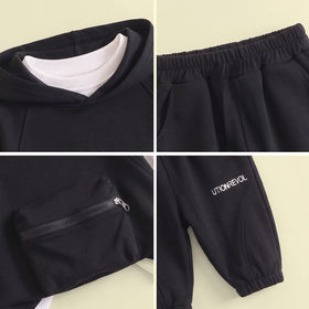 Boys Black Typographic Hoodie Vest & Jogger With T-Shirt Sets Sets