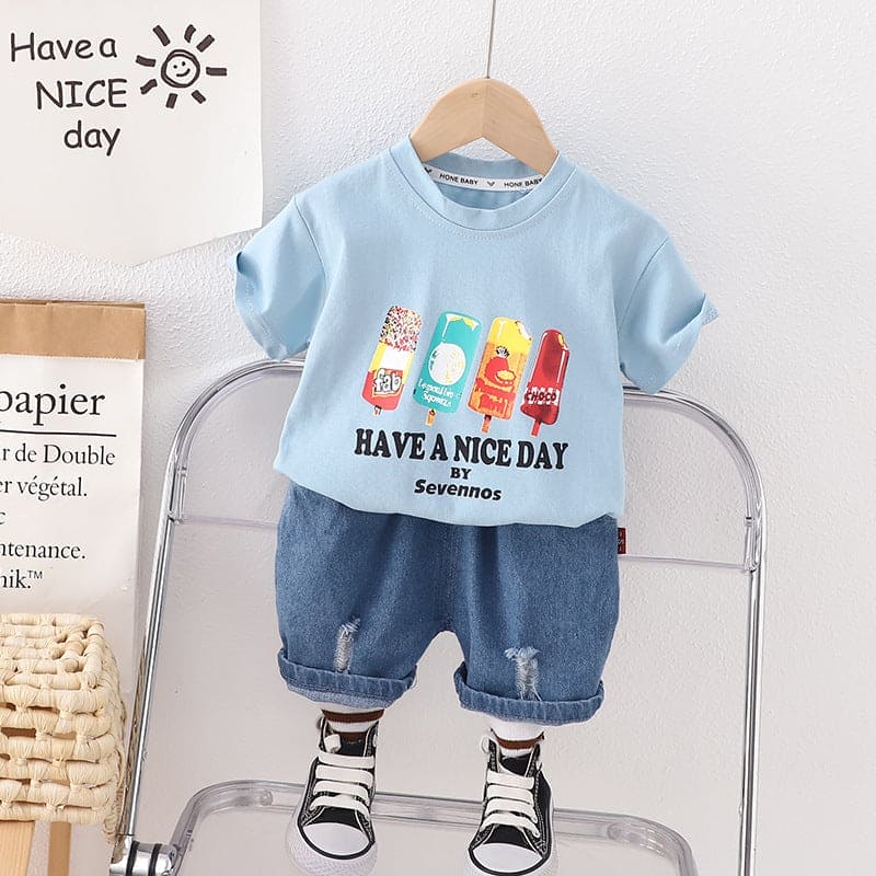 Boys Light Blue Graphic Printed T-shirt with Denim Bermuda Sets Light Blue 1-2 Y 