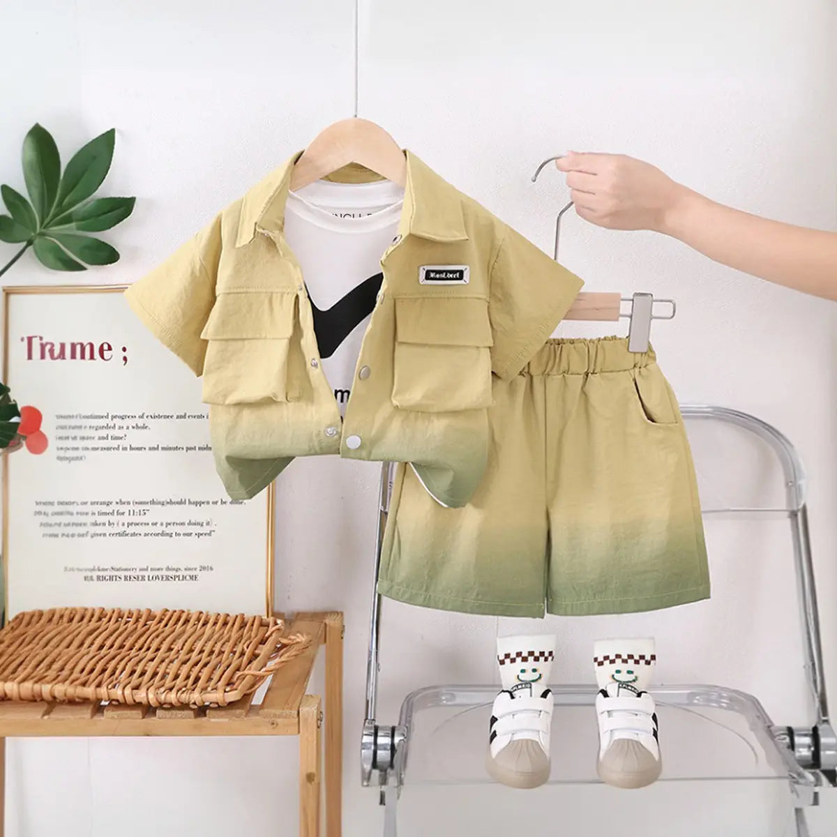 Boys Khaki Short Sleeve Shirt With Printed T-shirts And Elasticated Shorts Sets 3 pc. Sets Khaki 1-2 Y