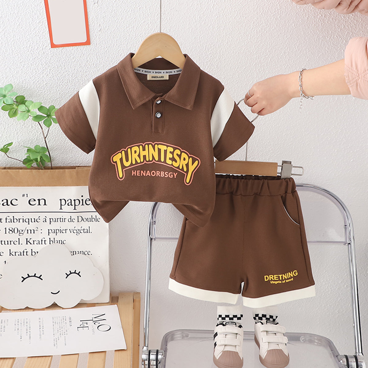 Boys Brown Alphabetic Print Short Sleeves Polo T-Shirt With Shorts Set 2 pc. Sets