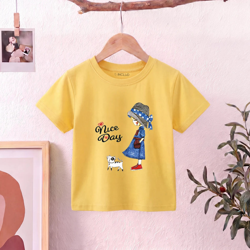 Girls Yellow Nice Day Typography Print Short Sleeve T-Shirt Tshirts Yellow 1-2 Y