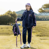 Girls Navy Blue Fi Letters Printed Sweatshirt With Hooded Vest & Jogger Co-ord Sets