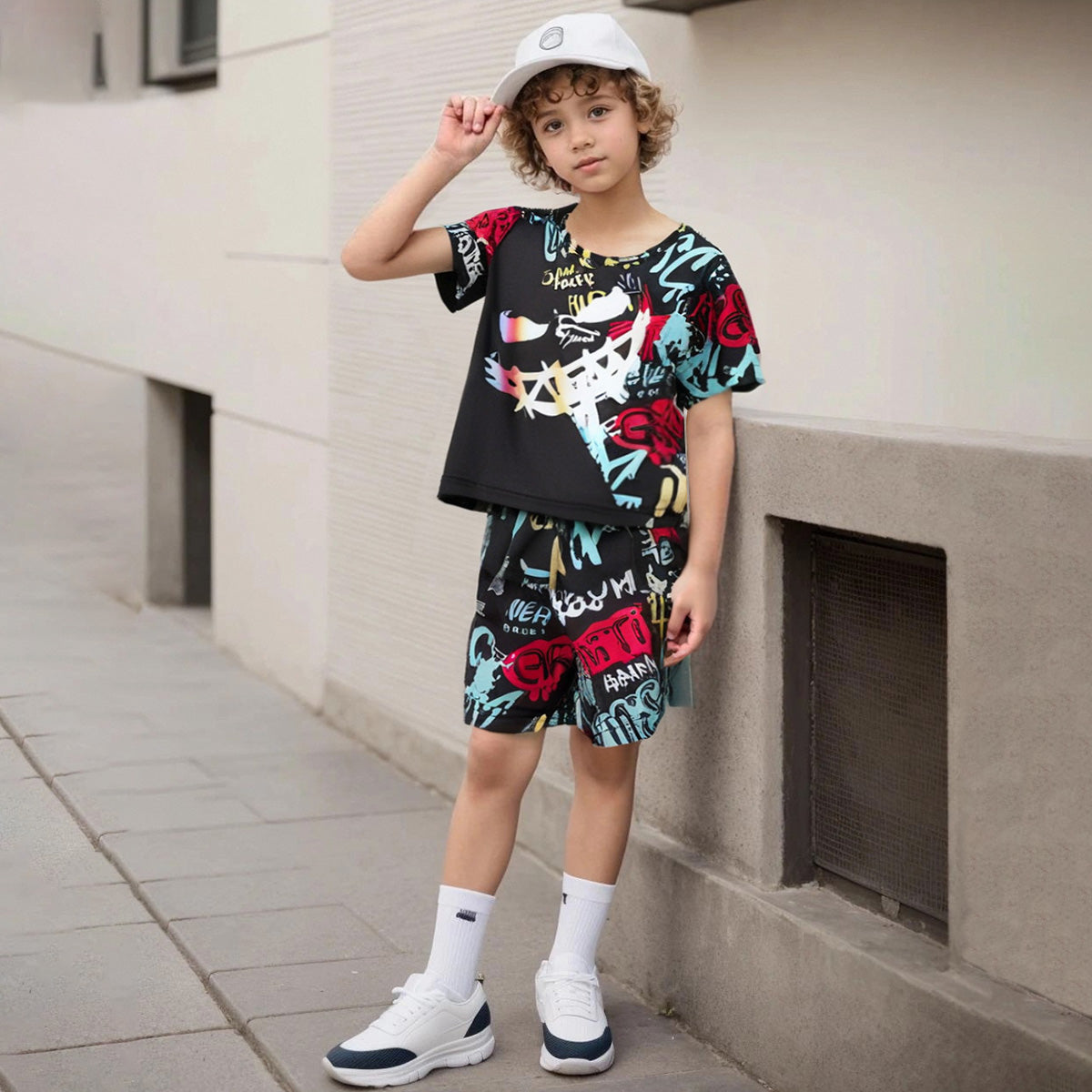 Boys Black Abstract Print T-Shirt With Shorts Set 2 pc. Sets Black 3-4 Y