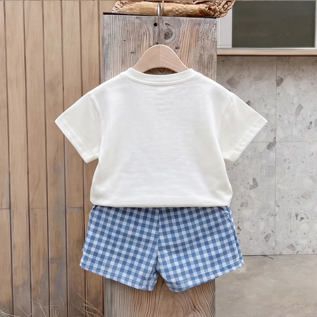Boys White Short Sleeve Dinosaur Print T-Shirt With Checked Shorts Sets 2 pc. Sets