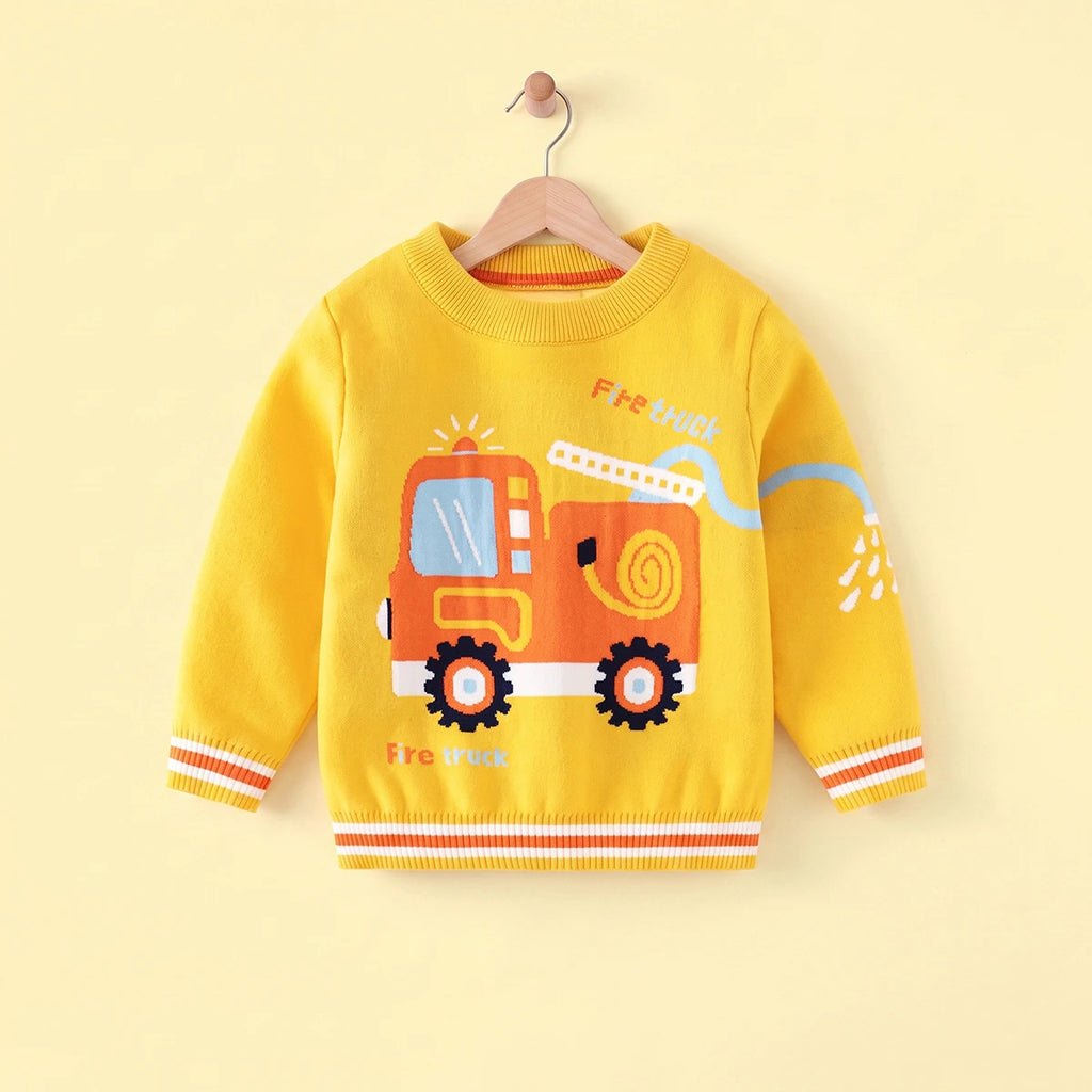 Boys Yellow Sweater With Self-Design Fire Truck Pattern Sweaters & Cardigans Yellow 2-3 Y