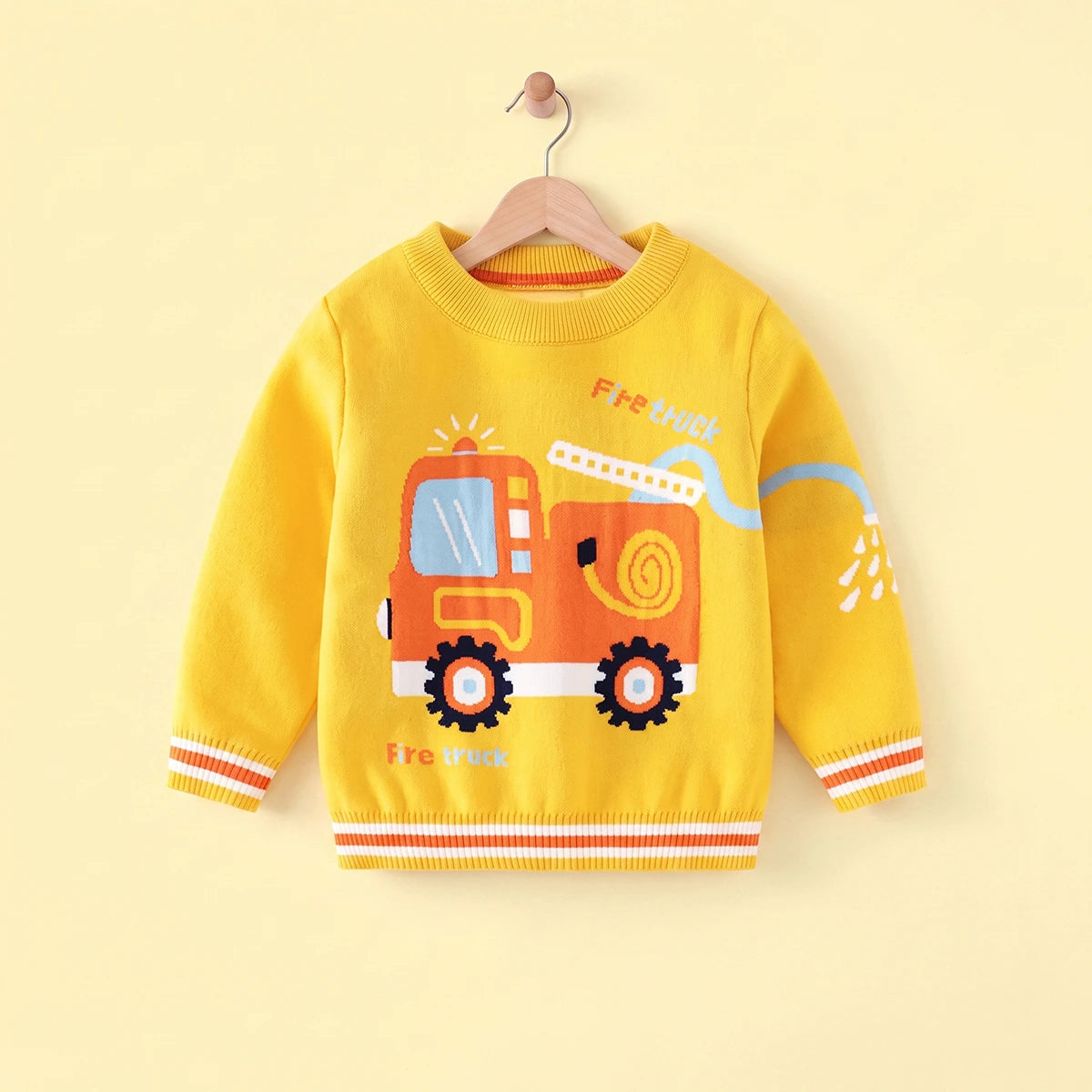 Boys Yellow Sweater With Self-Design Fire Truck Pattern Sweaters & Cardigans Yellow 2-3 Y