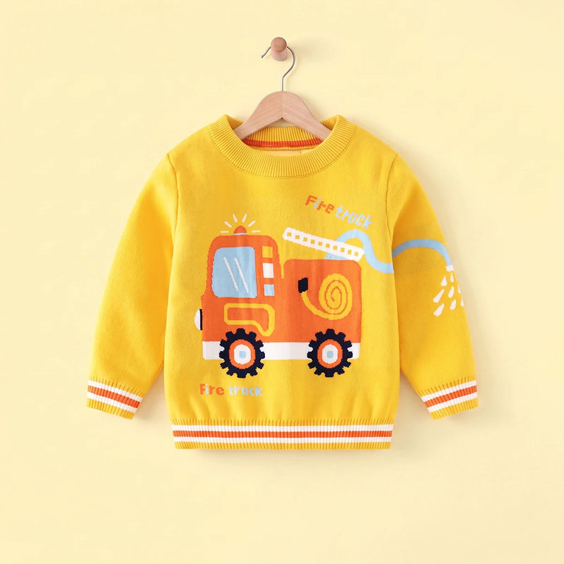 Boys Yellow Sweater With Self-Design Fire Truck Pattern Sweaters & Cardigans Yellow 2-3 Y