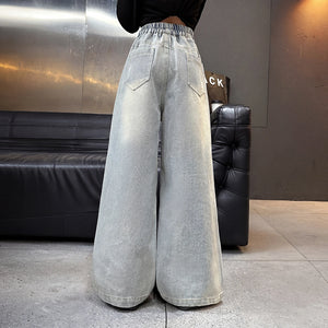 Girls Light Blue Animal Applique Loose Fit Denim Jeans Pants
