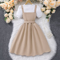 Girls Khaki Short Sleeves Round Neck Fit & Flare Dress Casual Dresses