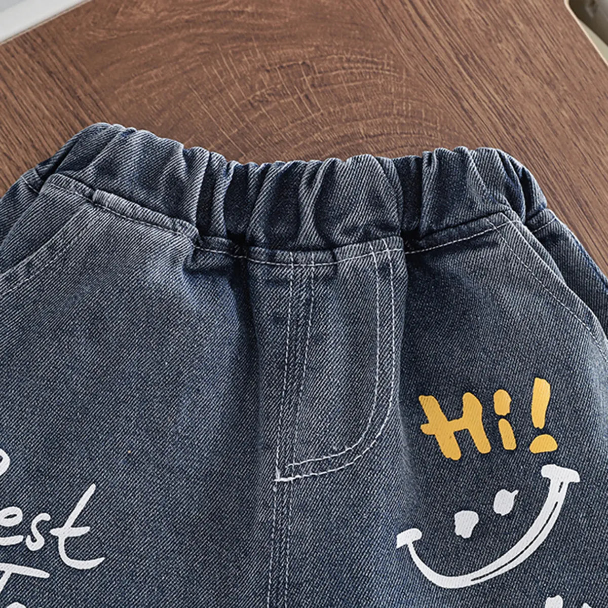 Boys Grey Typographic Print T-Shirt With Distressed Denim Shorts Set Sets