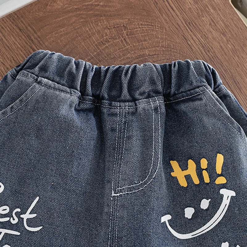 Boys Grey Typographic Print T-Shirt With Distressed Denim Shorts Set Sets