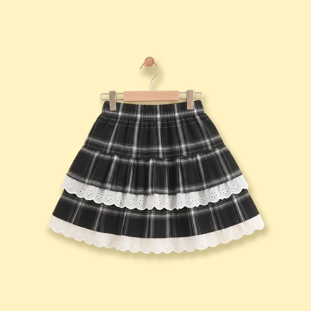 Girls Black Checked Flared Skirt Skirts
