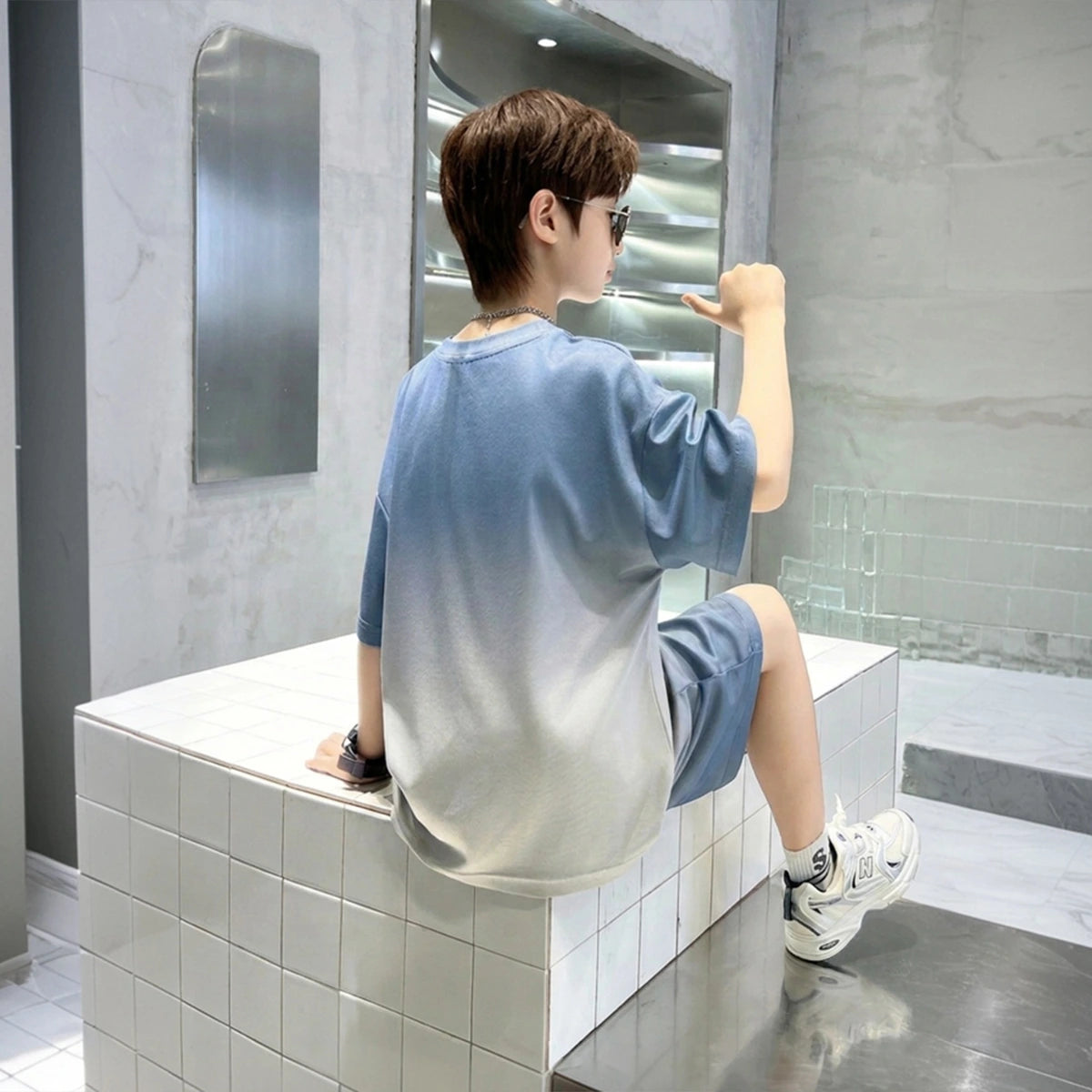 Boys Blue Ombre Printed Short Sleeve T-Shirt With Elasticated Shorts Sets Sets