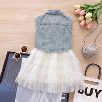 Girls White Textured Sleeveless Tiered Dress with Denim Jacket Casual Dresses