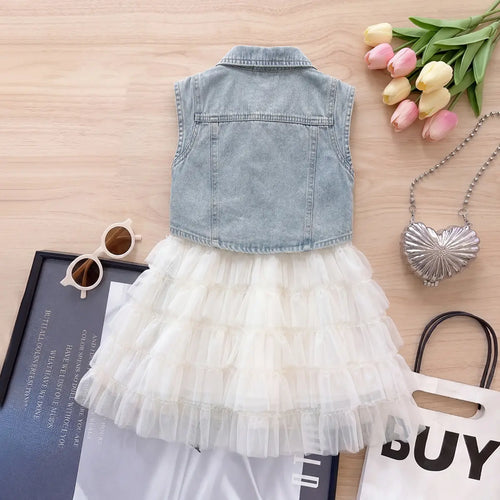 Girls White Textured Sleeveless Tiered Dress with Denim Jacket Casual Dresses