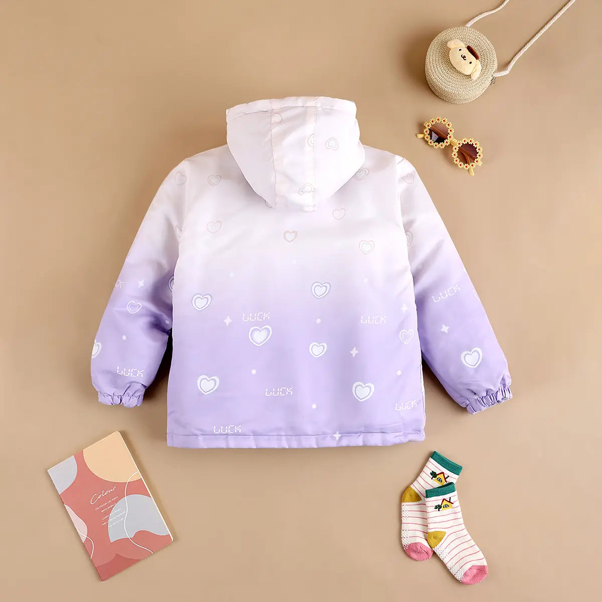 Girls Purple Heart Printed Reversible Hooded Zipper Jacket Coats & Jackets