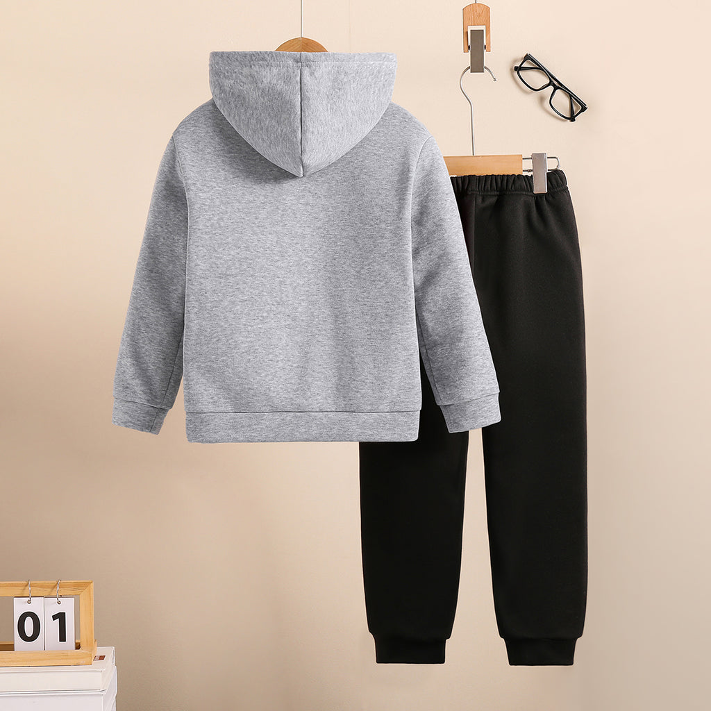 Boys Grey Melange Spooky Printed Hooded Sweatshirt with Joggers Set Sets