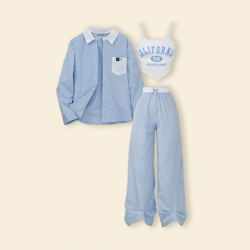 Girls Blue Striped Shirt & Flared Pants With Printed Cami Top Sets Sets