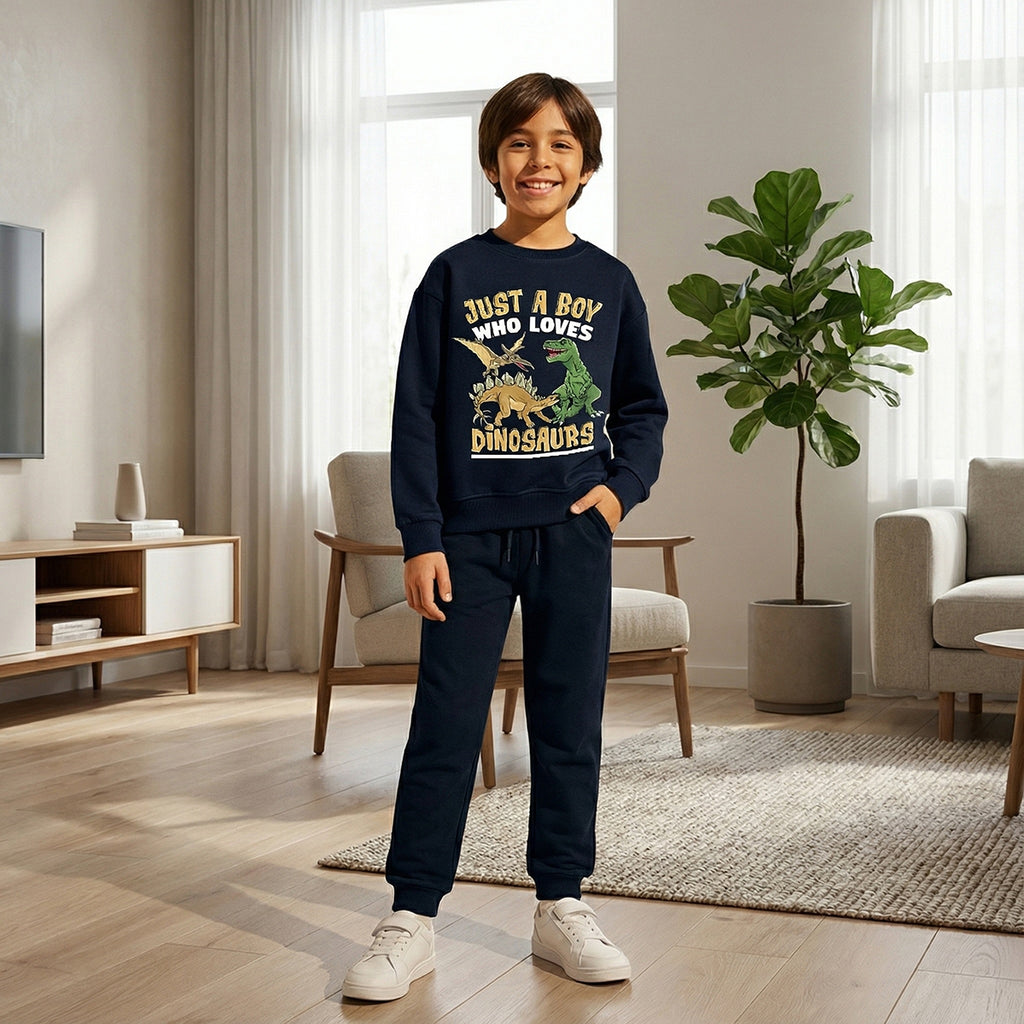 Boys Navy Blue Dinosaur Graphics Round Neck Sweatshirt With Joggers Sets 2 pc. Sets