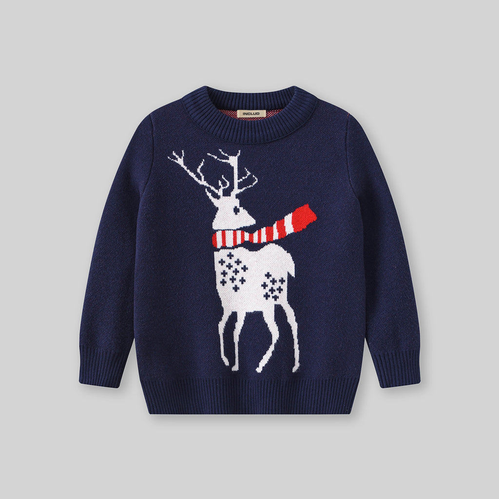 Girls Navy Blue Reindeer Self-Designed Winter Pullover Sweater Sweaters & Cardigans
