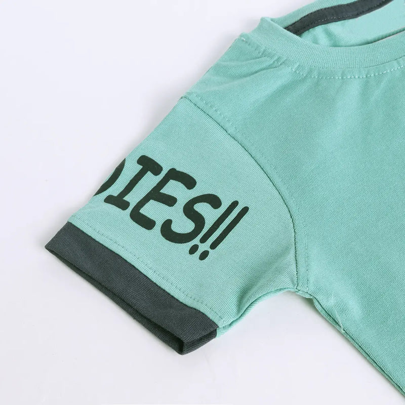 Boys Green Typographic Printed Short Sleeve T-shirts With Elasticated Shorts Sets Sets