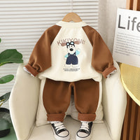 Boys Brown Puppy Cartoon Printed Winter Polo Sweatshirt With Pants Set 2 pc. Sets