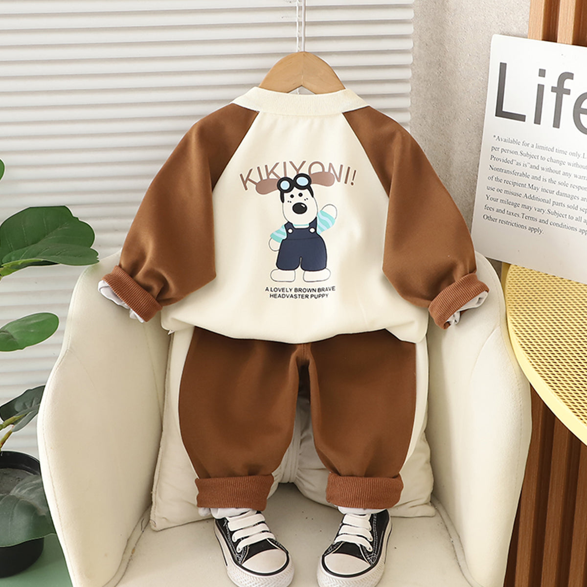 Boys Brown Puppy Cartoon Printed Winter Polo Sweatshirt With Pants Set 2 pc. Sets