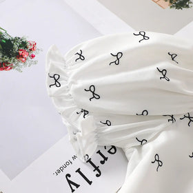 Girls White Bow Print Peter Pan Collar Top With Elasticated Skirt Sets Sets