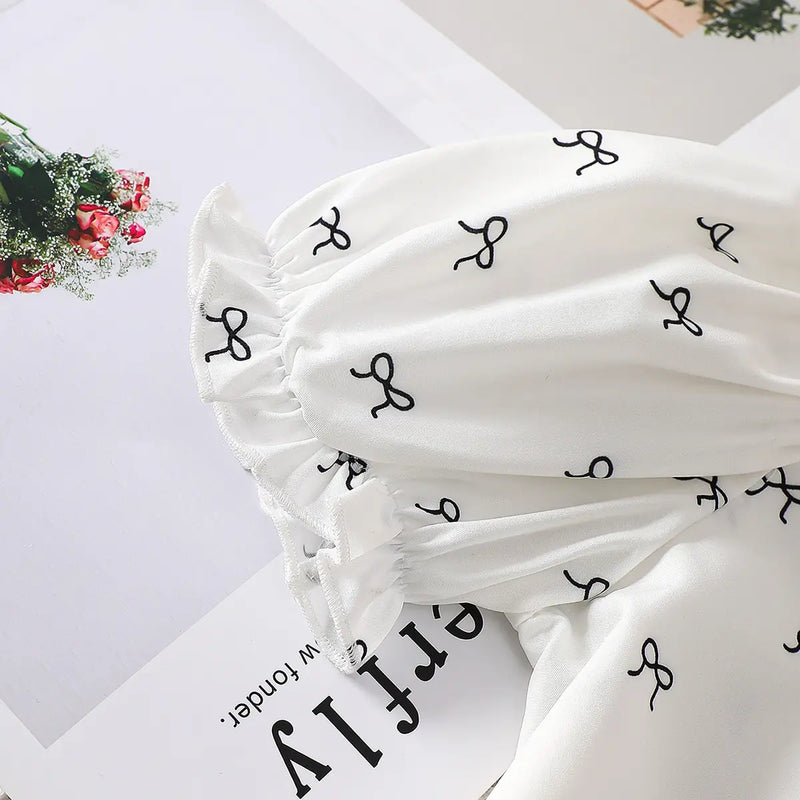 Girls White Bow Print Peter Pan Collar Top With Elasticated Skirt Sets Sets