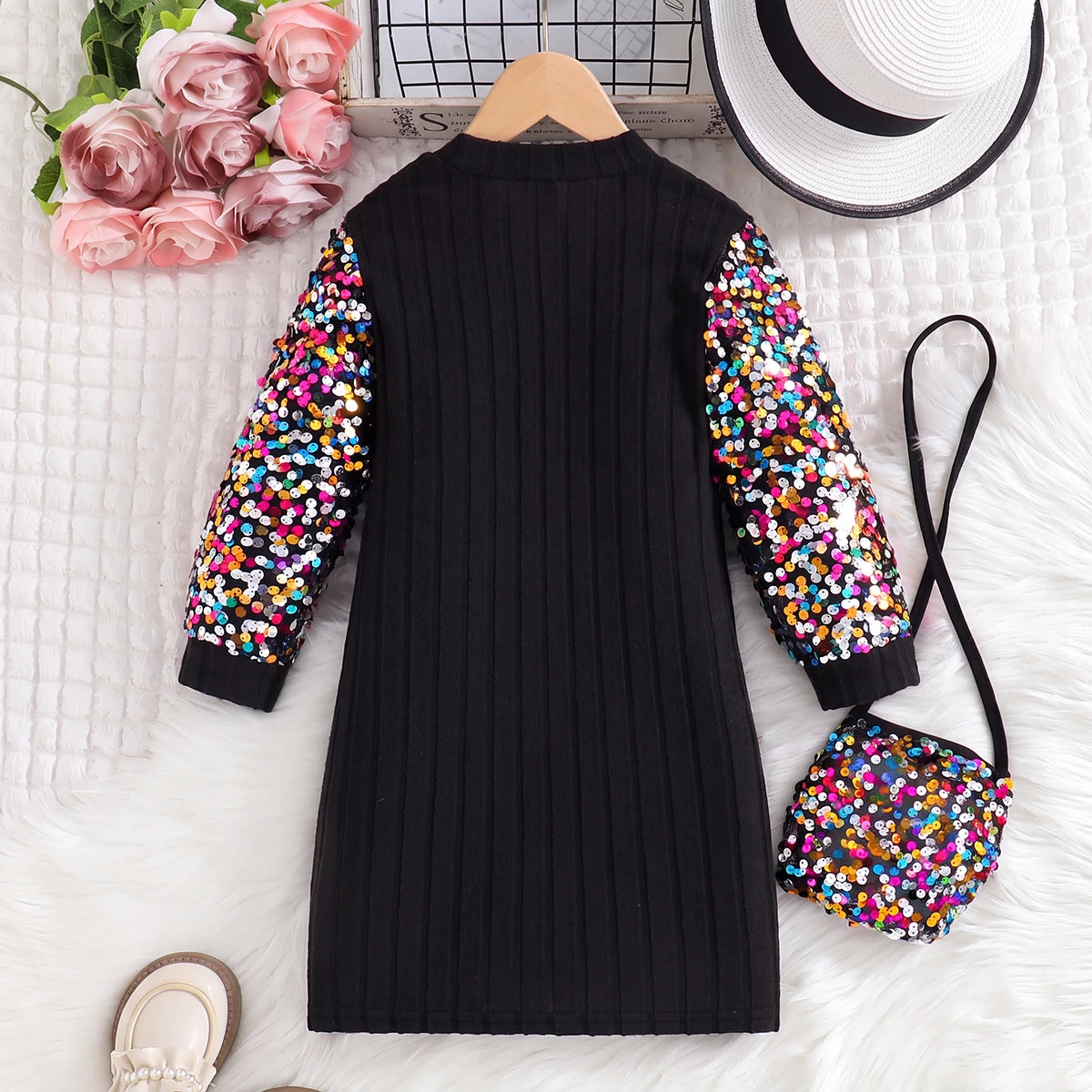 Girls Black Sequin Embellished Long Sleeve Dress Casual Dresses