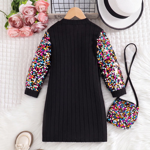 Girls Black Sequin Embellished Long Sleeve Dress Casual Dresses