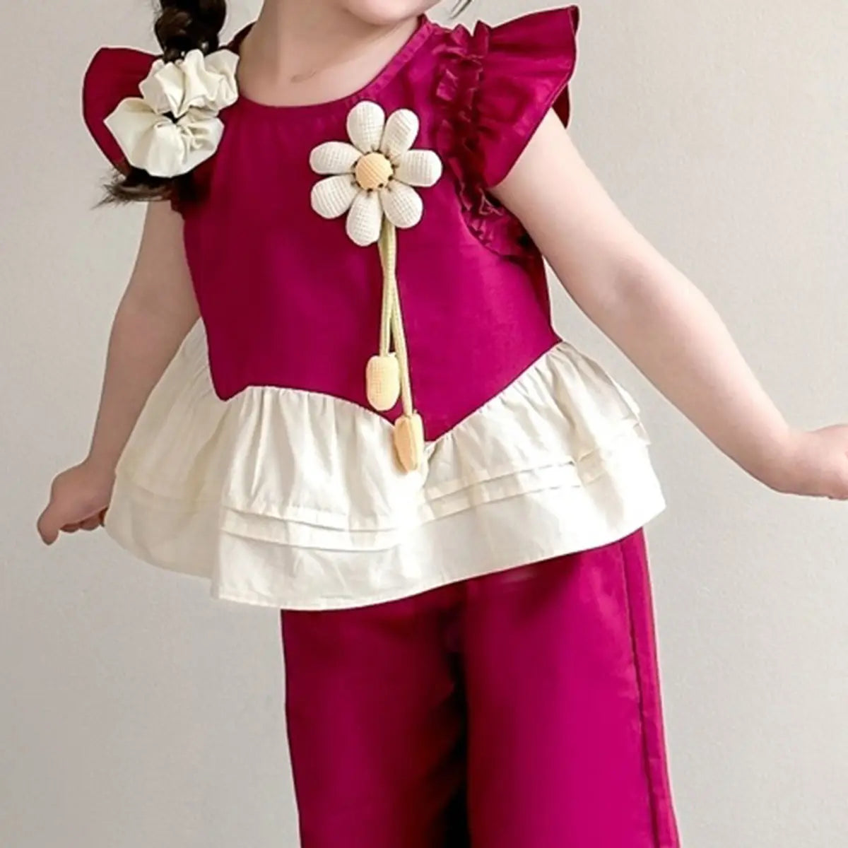 Girls Magenta Flower Applique Peplum Top With Pant Sets Sets