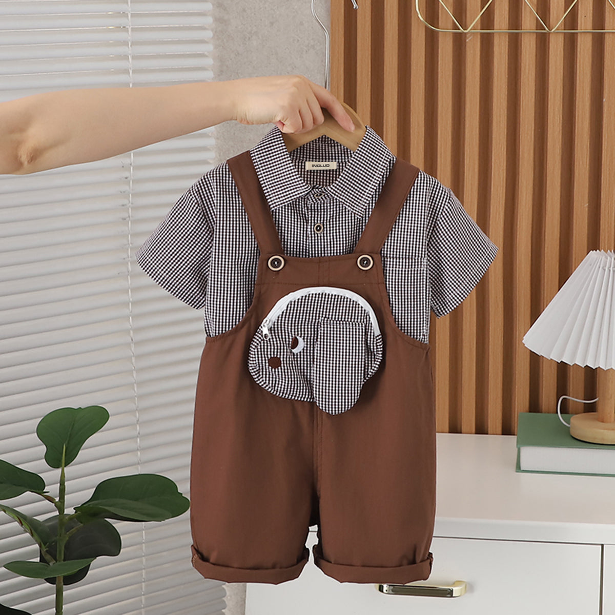 Boys Brown Gingham Check Shirt With Embroidery Applique Dungaree Set 2 pc. Sets Brown 1-2 Y