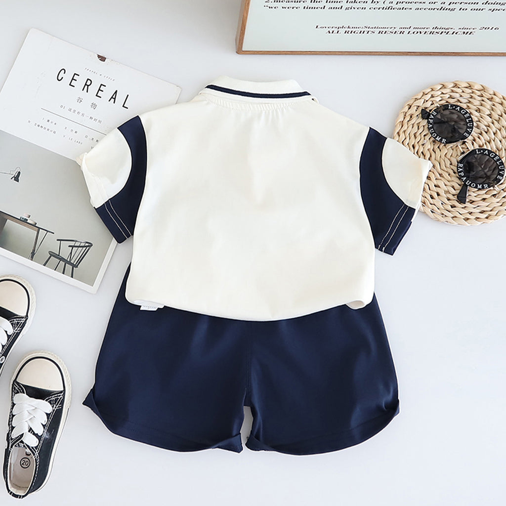 Boys Off White Color-blocked Short Sleeves Polo T-Shirt With Shorts Set 2 pc. Sets