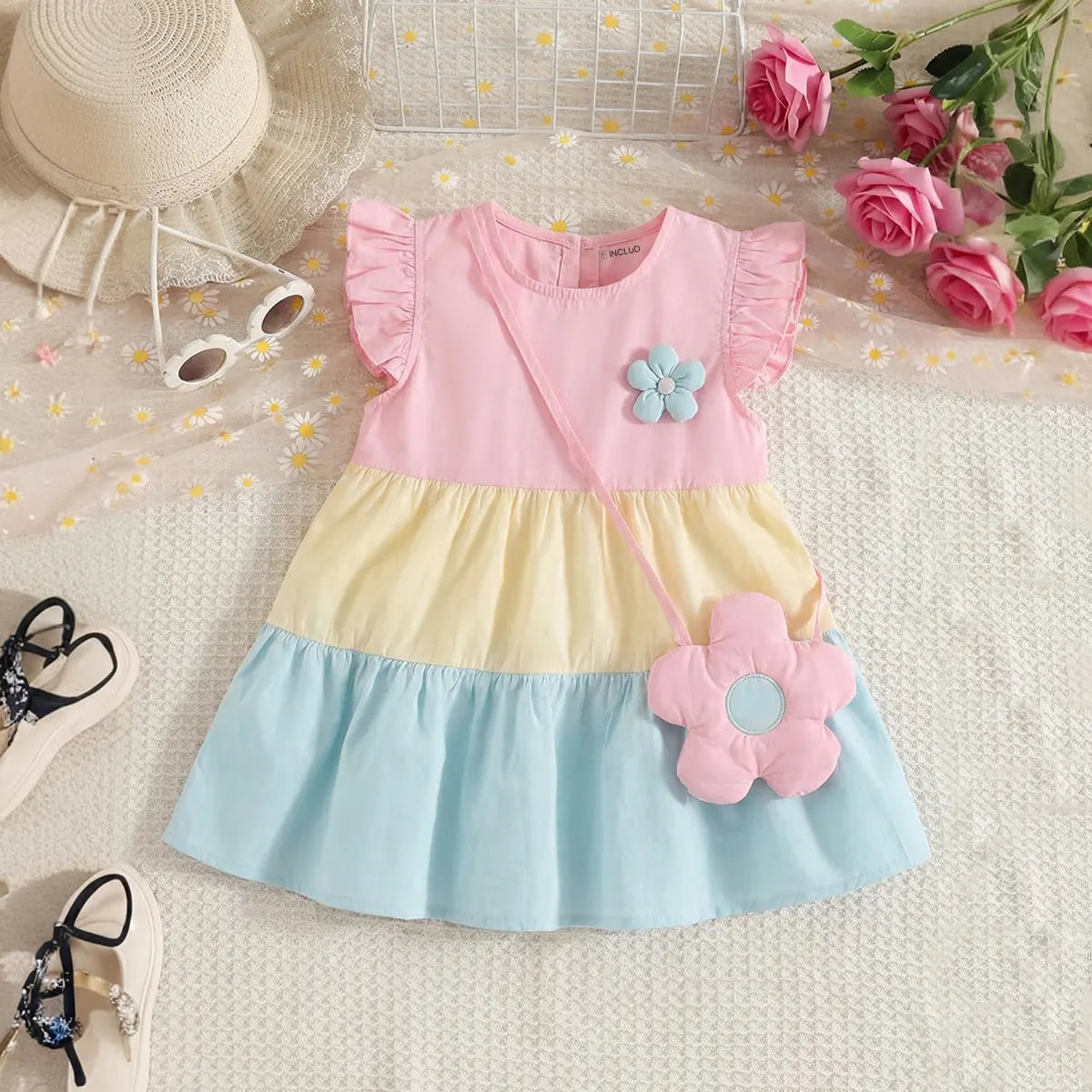 Girls Multicolor Flutter Sleeves Tiered Dress With Floral Sling Bag Casual Dresses Multicolor 1-2 Y